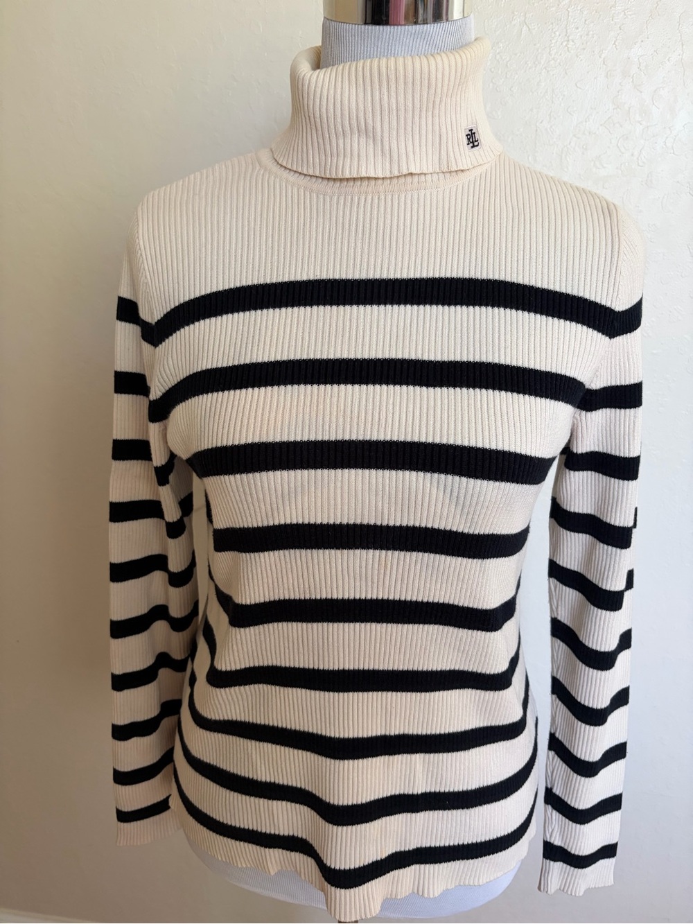Cream and Black Striped Turtleneck Sweater